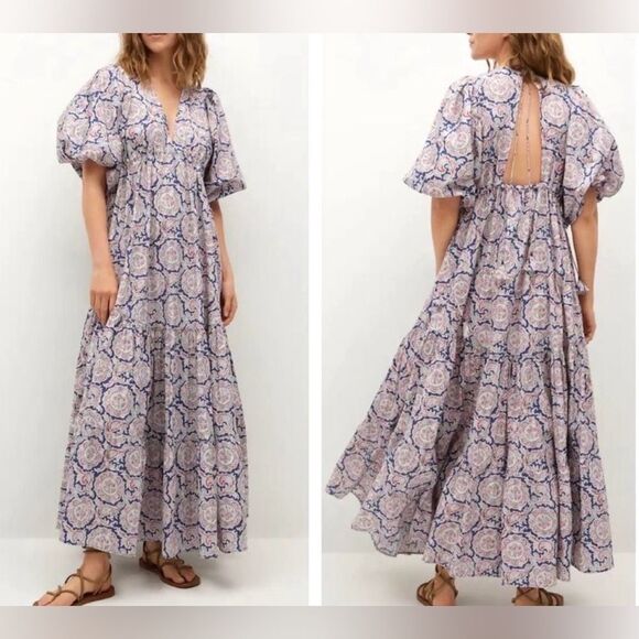 Dresses & Skirts - NWT Mango x Chufy Soller Boho Maxi Tiered Dress Puff Sleeve Tassel Blue Red 4
